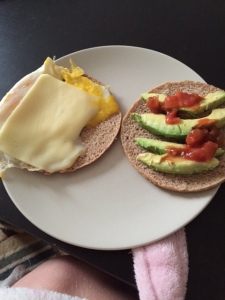 Today's healthy breakfast: egg sandwich on a sandwich thin with avocado and salsa 